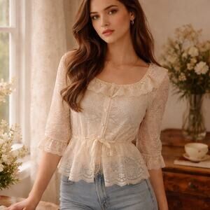 ZARA Crochet Lace Ruffle Blouse Cream Womens M Vintage Romantic Floral